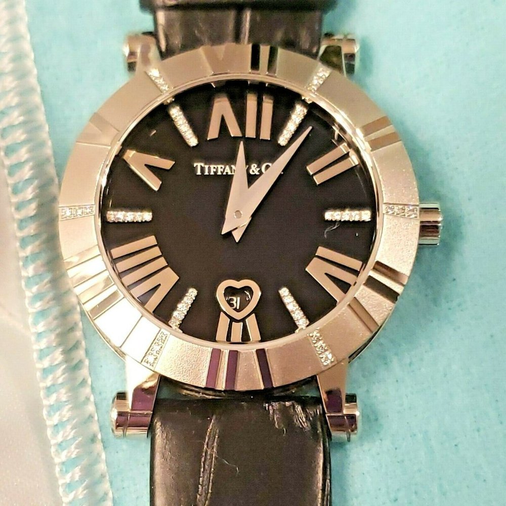 Ladies Tiffany & Co ATLAS WATCH 14K White Gold Diamonds Black Leather Band
